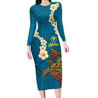 Hawaii Turtle Plumeria Flower Long Sleeve Bodycon Dress Polynesian Pattern Blue Color LT03 Long Dress Blue - Polynesian Pride
