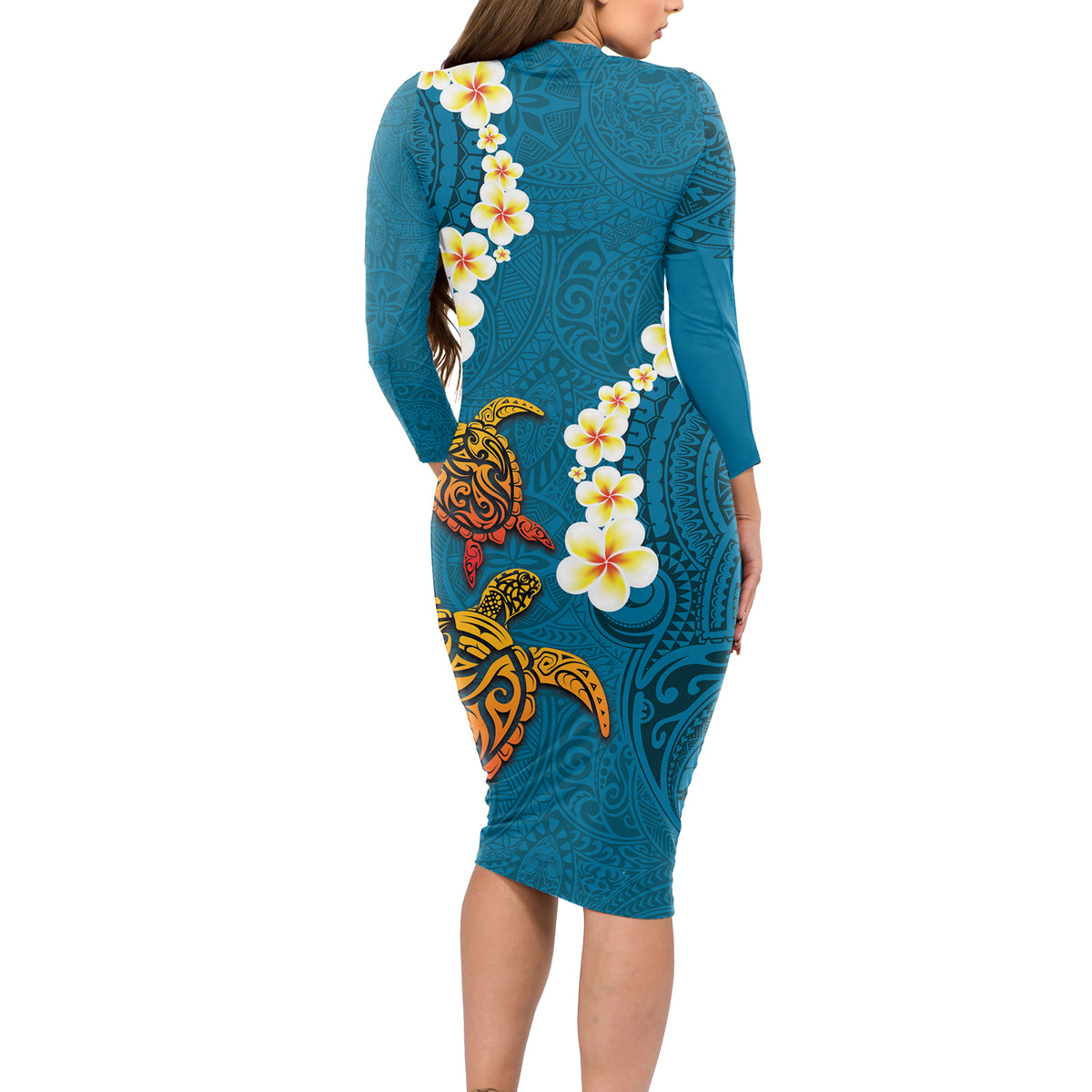 Hawaii Turtle Plumeria Flower Long Sleeve Bodycon Dress Polynesian Pattern Blue Color LT03 - Polynesian Pride