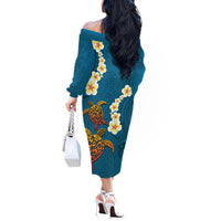 Hawaii Turtle Plumeria Flower Off The Shoulder Long Sleeve Dress Polynesian Pattern Blue Color LT03 - Polynesian Pride