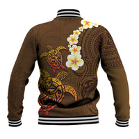 Hawaii Turtle Plumeria Flower Baseball Jacket Polynesian Pattern Brown Color