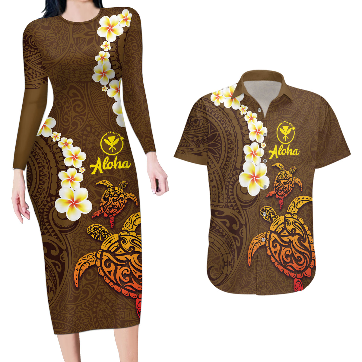 Hawaii Turtle Plumeria Flower Couples Matching Long Sleeve Bodycon Dress and Hawaiian Shirt Polynesian Pattern Brown Color LT03 Brown - Polynesian Pride