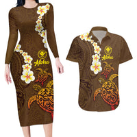 Hawaii Turtle Plumeria Flower Couples Matching Long Sleeve Bodycon Dress and Hawaiian Shirt Polynesian Pattern Brown Color LT03 Brown - Polynesian Pride