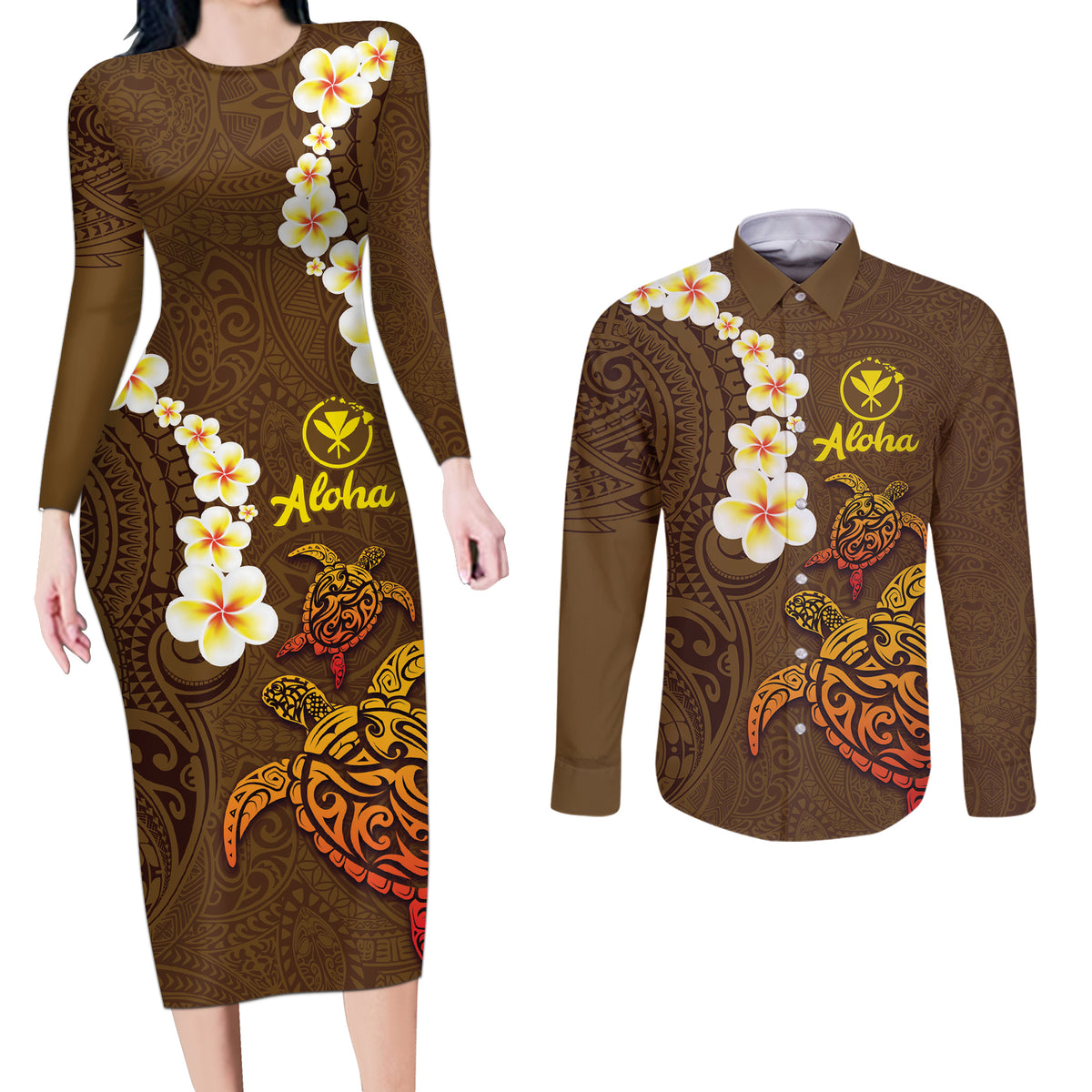 Hawaii Turtle Plumeria Flower Couples Matching Long Sleeve Bodycon Dress and Long Sleeve Button Shirt Polynesian Pattern Brown Color LT03 Brown - Polynesian Pride