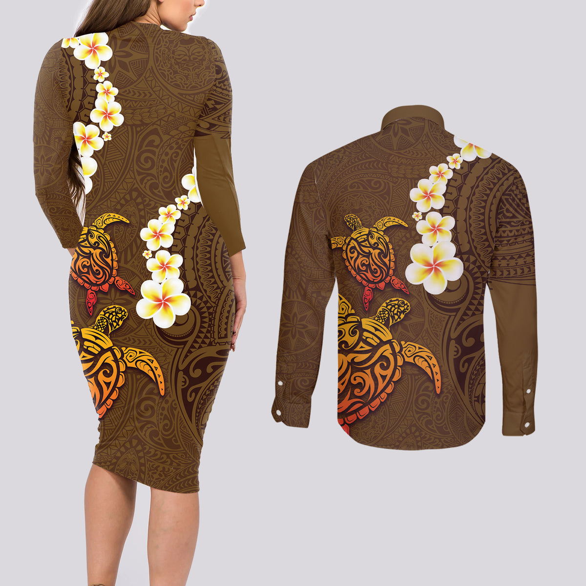 Hawaii Turtle Plumeria Flower Couples Matching Long Sleeve Bodycon Dress and Long Sleeve Button Shirt Polynesian Pattern Brown Color LT03 - Polynesian Pride
