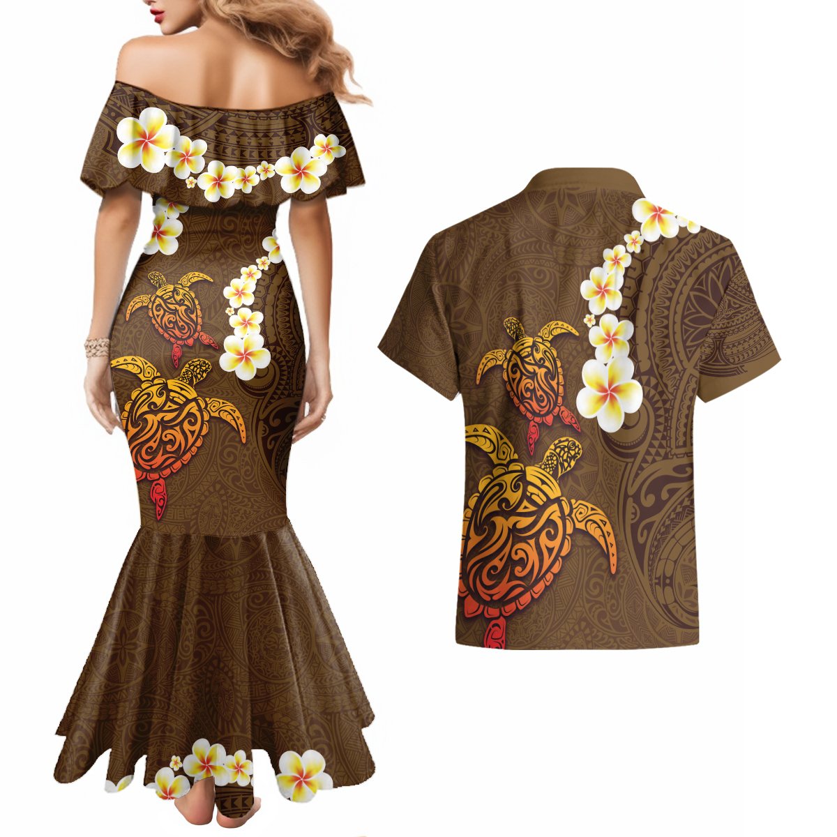 Hawaii Turtle Plumeria Flower Couples Matching Mermaid Dress and Hawaiian Shirt Polynesian Pattern Brown Color LT03 - Polynesian Pride