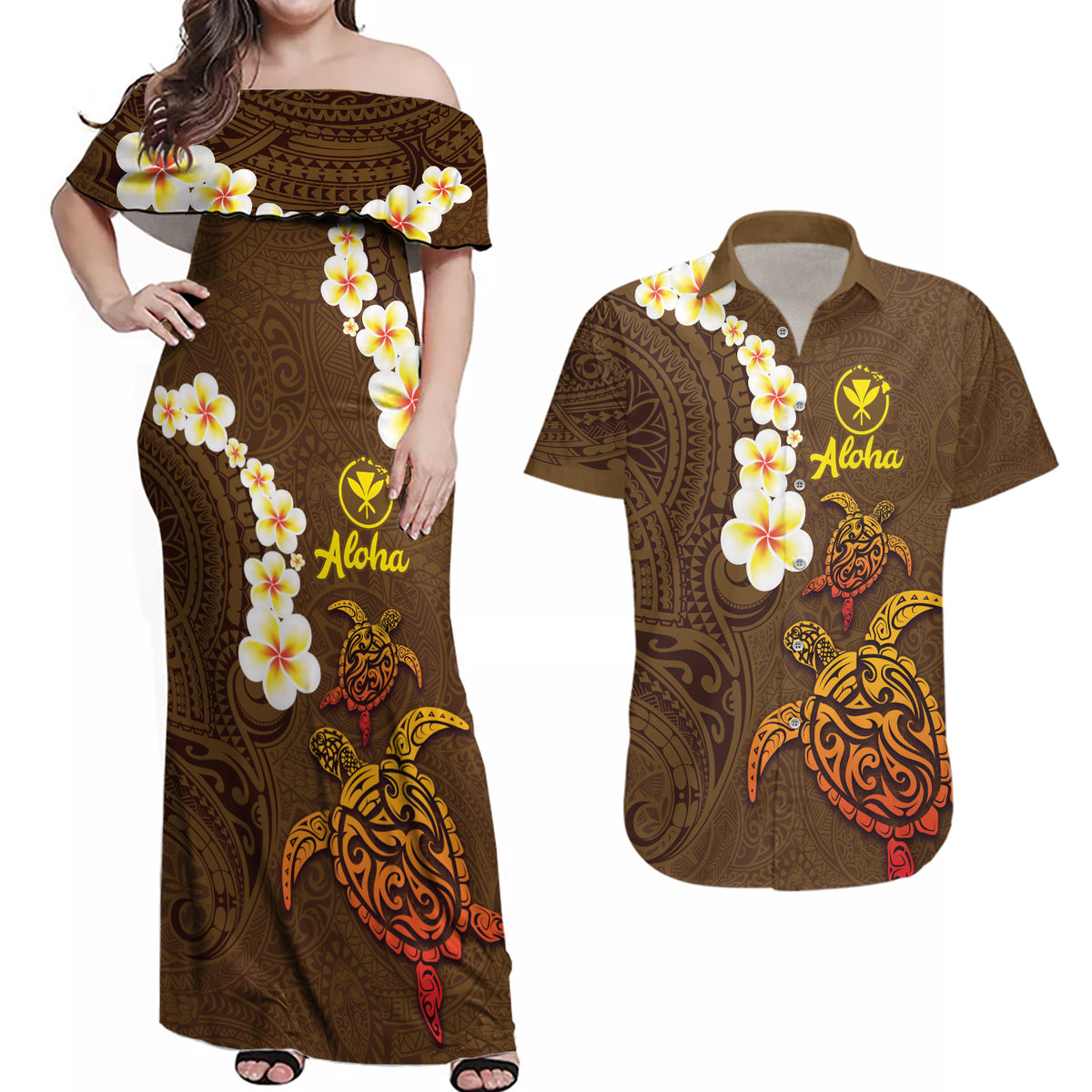 Hawaii Turtle Plumeria Flower Couples Matching Off Shoulder Maxi Dress and Hawaiian Shirt Polynesian Pattern Brown Color LT03 Brown - Polynesian Pride
