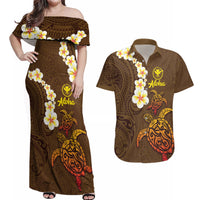 Hawaii Turtle Plumeria Flower Couples Matching Off Shoulder Maxi Dress and Hawaiian Shirt Polynesian Pattern Brown Color LT03 Brown - Polynesian Pride