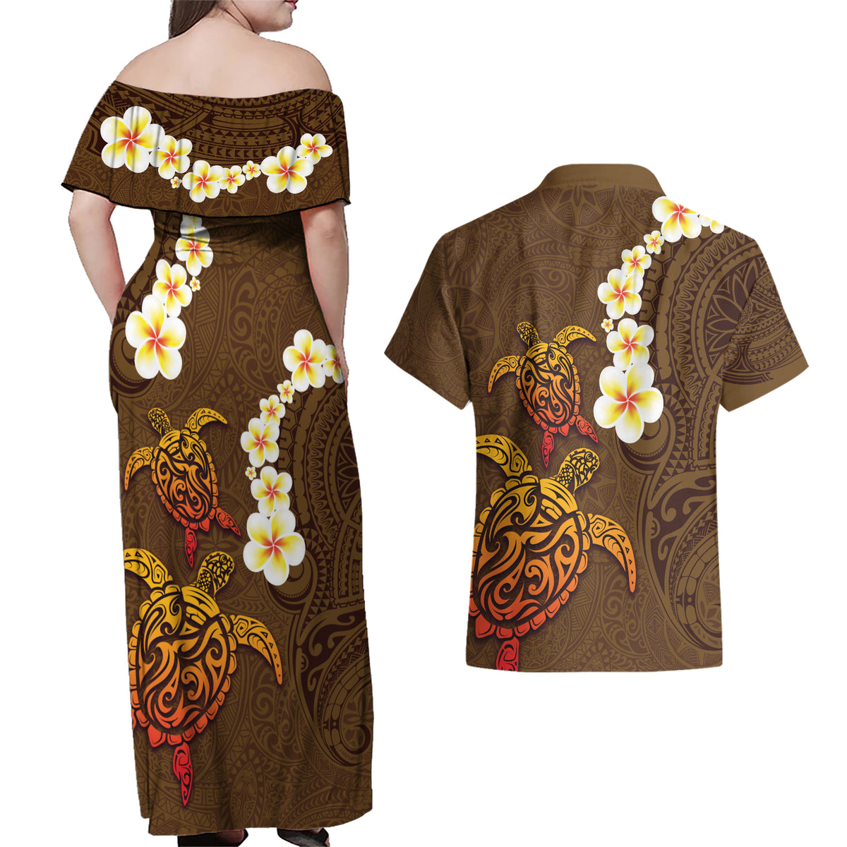 Hawaii Turtle Plumeria Flower Couples Matching Off Shoulder Maxi Dress and Hawaiian Shirt Polynesian Pattern Brown Color LT03 - Polynesian Pride