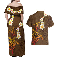 Hawaii Turtle Plumeria Flower Couples Matching Off Shoulder Maxi Dress and Hawaiian Shirt Polynesian Pattern Brown Color LT03 - Polynesian Pride