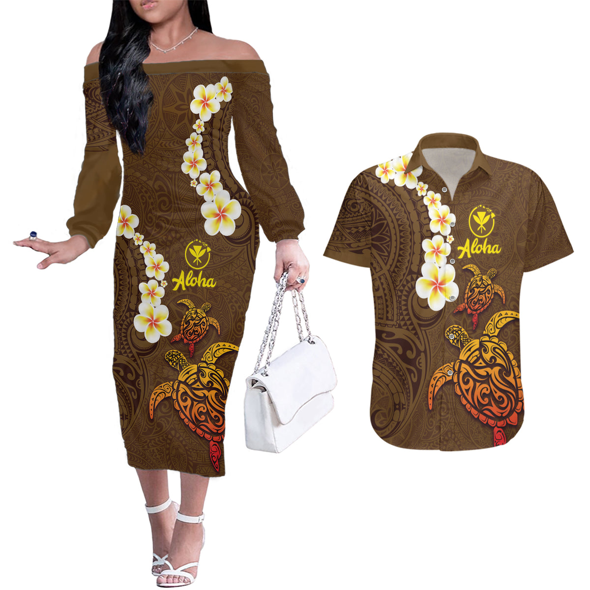 Hawaii Turtle Plumeria Flower Couples Matching Off The Shoulder Long Sleeve Dress and Hawaiian Shirt Polynesian Pattern Brown Color LT03 Brown - Polynesian Pride