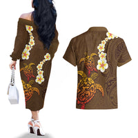 Hawaii Turtle Plumeria Flower Couples Matching Off The Shoulder Long Sleeve Dress and Hawaiian Shirt Polynesian Pattern Brown Color LT03 - Polynesian Pride