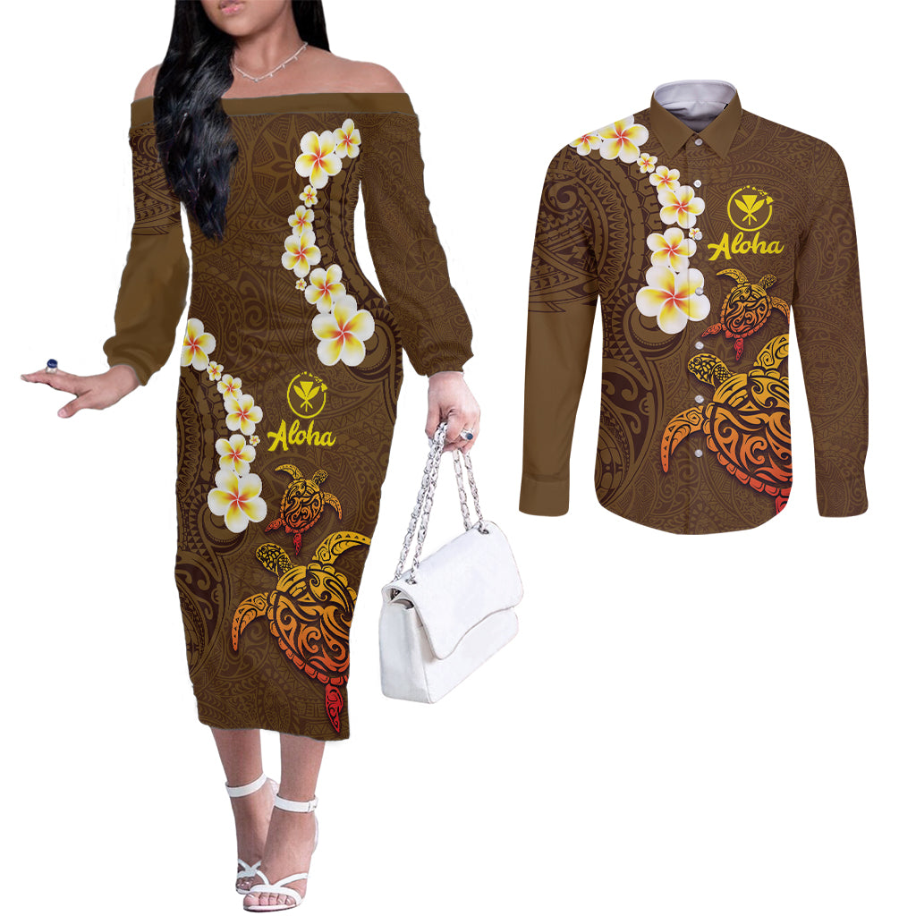 Hawaii Turtle Plumeria Flower Couples Matching Off The Shoulder Long Sleeve Dress and Long Sleeve Button Shirt Polynesian Pattern Brown Color LT03 Brown - Polynesian Pride