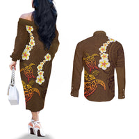 Hawaii Turtle Plumeria Flower Couples Matching Off The Shoulder Long Sleeve Dress and Long Sleeve Button Shirt Polynesian Pattern Brown Color LT03 - Polynesian Pride