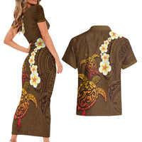 Hawaii Turtle Plumeria Flower Couples Matching Short Sleeve Bodycon Dress and Hawaiian Shirt Polynesian Pattern Brown Color LT03 - Polynesian Pride