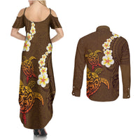 Hawaii Turtle Plumeria Flower Couples Matching Summer Maxi Dress and Long Sleeve Button Shirt Polynesian Pattern Brown Color