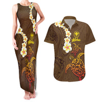 Hawaii Turtle Plumeria Flower Couples Matching Tank Maxi Dress and Hawaiian Shirt Polynesian Pattern Brown Color LT03 Brown - Polynesian Pride