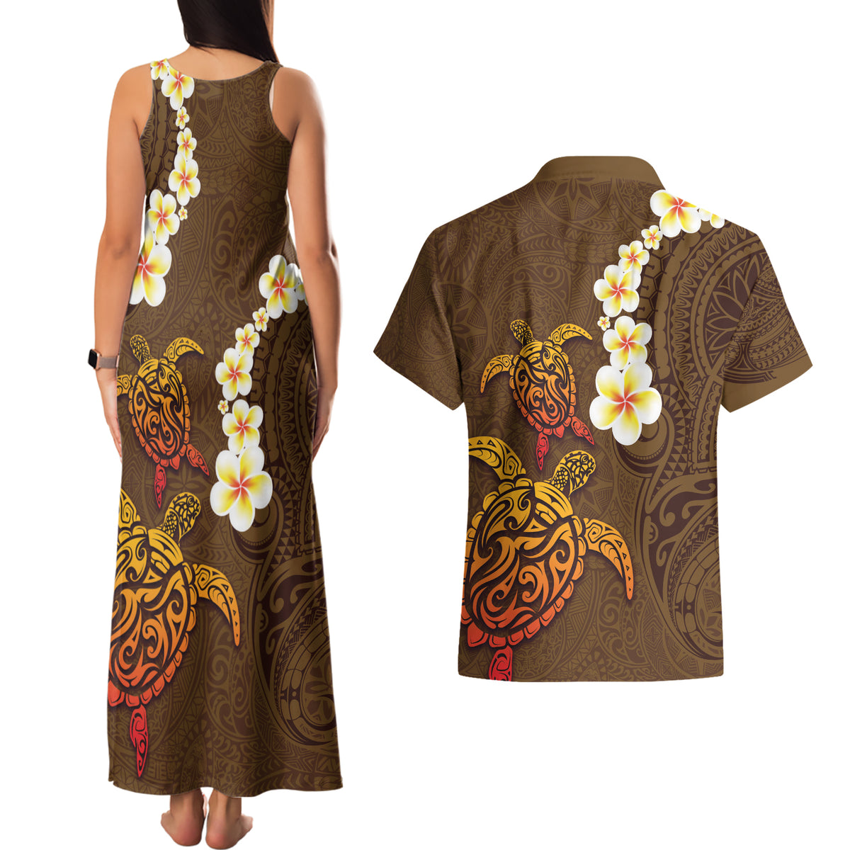 Hawaii Turtle Plumeria Flower Couples Matching Tank Maxi Dress and Hawaiian Shirt Polynesian Pattern Brown Color LT03 - Polynesian Pride