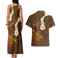 Hawaii Turtle Plumeria Flower Couples Matching Tank Maxi Dress and Hawaiian Shirt Polynesian Pattern Brown Color LT03 - Polynesian Pride