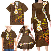 Hawaii Turtle Plumeria Flower Family Matching Long Sleeve Bodycon Dress and Hawaiian Shirt Polynesian Pattern Brown Color LT03 - Polynesian Pride