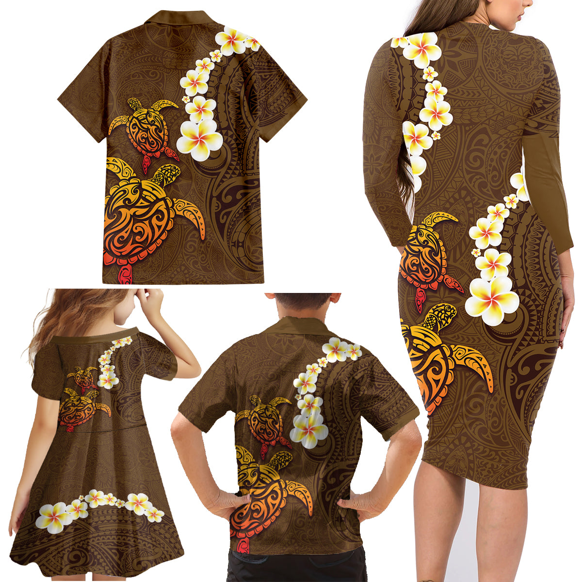 Hawaii Turtle Plumeria Flower Family Matching Long Sleeve Bodycon Dress and Hawaiian Shirt Polynesian Pattern Brown Color LT03 - Polynesian Pride