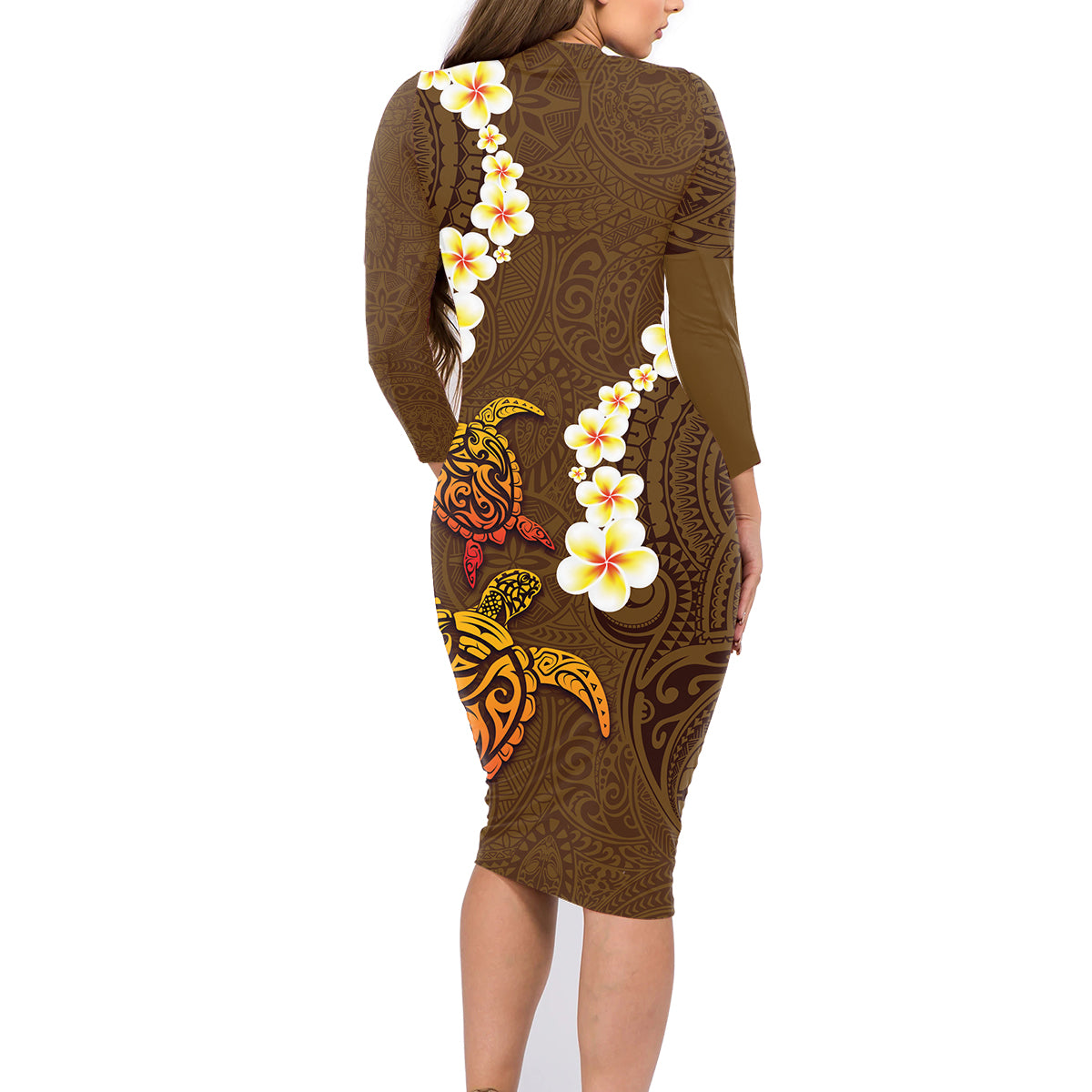 Hawaii Turtle Plumeria Flower Family Matching Long Sleeve Bodycon Dress and Hawaiian Shirt Polynesian Pattern Brown Color LT03 - Polynesian Pride