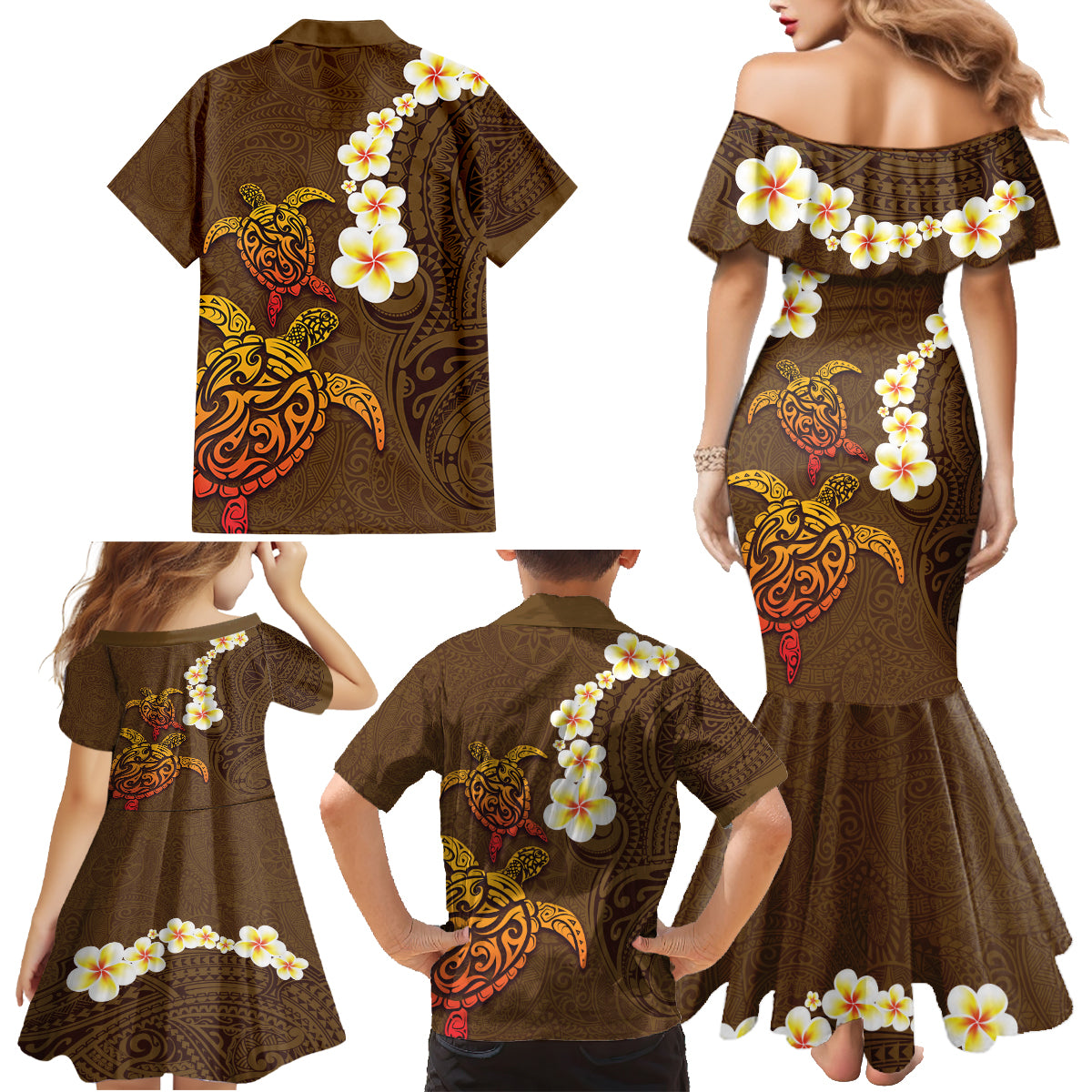 Hawaii Turtle Plumeria Flower Family Matching Mermaid Dress and Hawaiian Shirt Polynesian Pattern Brown Color LT03 - Polynesian Pride