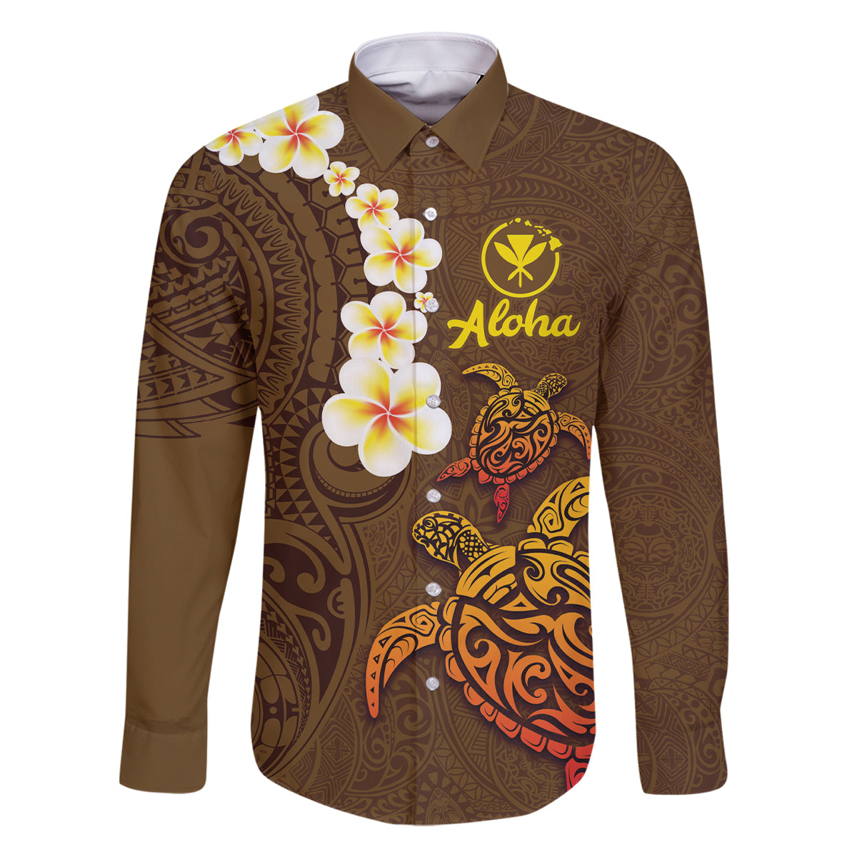 Hawaii Turtle Plumeria Flower Family Matching Off The Shoulder Long Sleeve Dress and Hawaiian Shirt Polynesian Pattern Brown Color LT03 Dad's Shirt - Long Sleeve Brown - Polynesian Pride