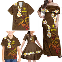 Hawaii Turtle Plumeria Flower Family Matching Off Shoulder Maxi Dress and Hawaiian Shirt Polynesian Pattern Brown Color LT03 - Polynesian Pride