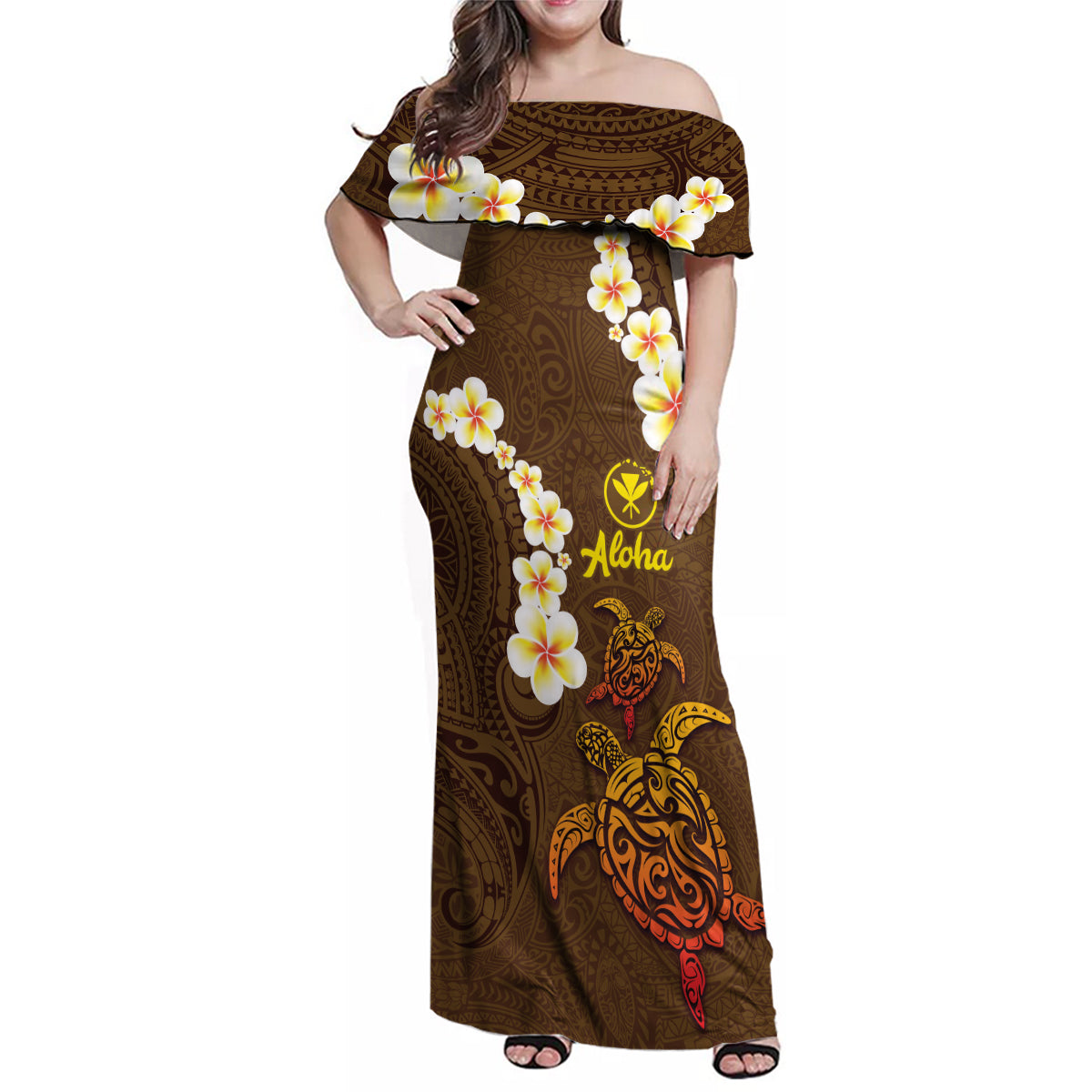 Hawaii Turtle Plumeria Flower Family Matching Off Shoulder Maxi Dress and Hawaiian Shirt Polynesian Pattern Brown Color LT03 Mom's Dress Brown - Polynesian Pride