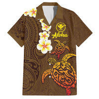 Hawaii Turtle Plumeria Flower Family Matching Off Shoulder Short Dress and Hawaiian Shirt Polynesian Pattern Brown Color LT03 Dad's Shirt - Short Sleeve Brown - Polynesian Pride