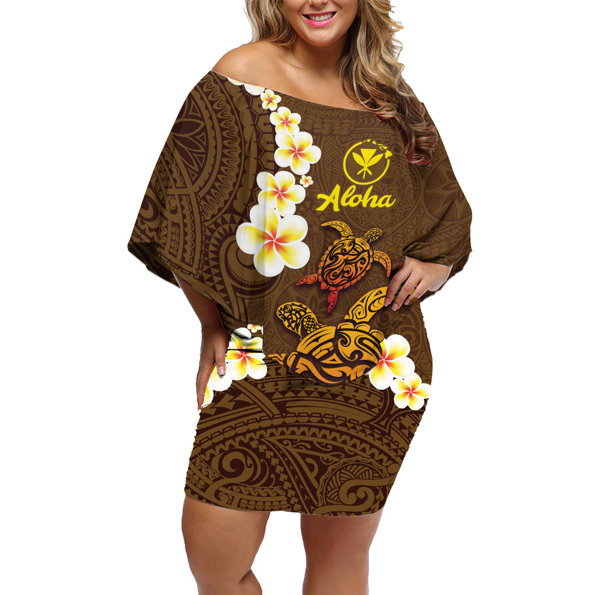Hawaii Turtle Plumeria Flower Family Matching Off Shoulder Short Dress and Hawaiian Shirt Polynesian Pattern Brown Color LT03 Mom's Dress Brown - Polynesian Pride