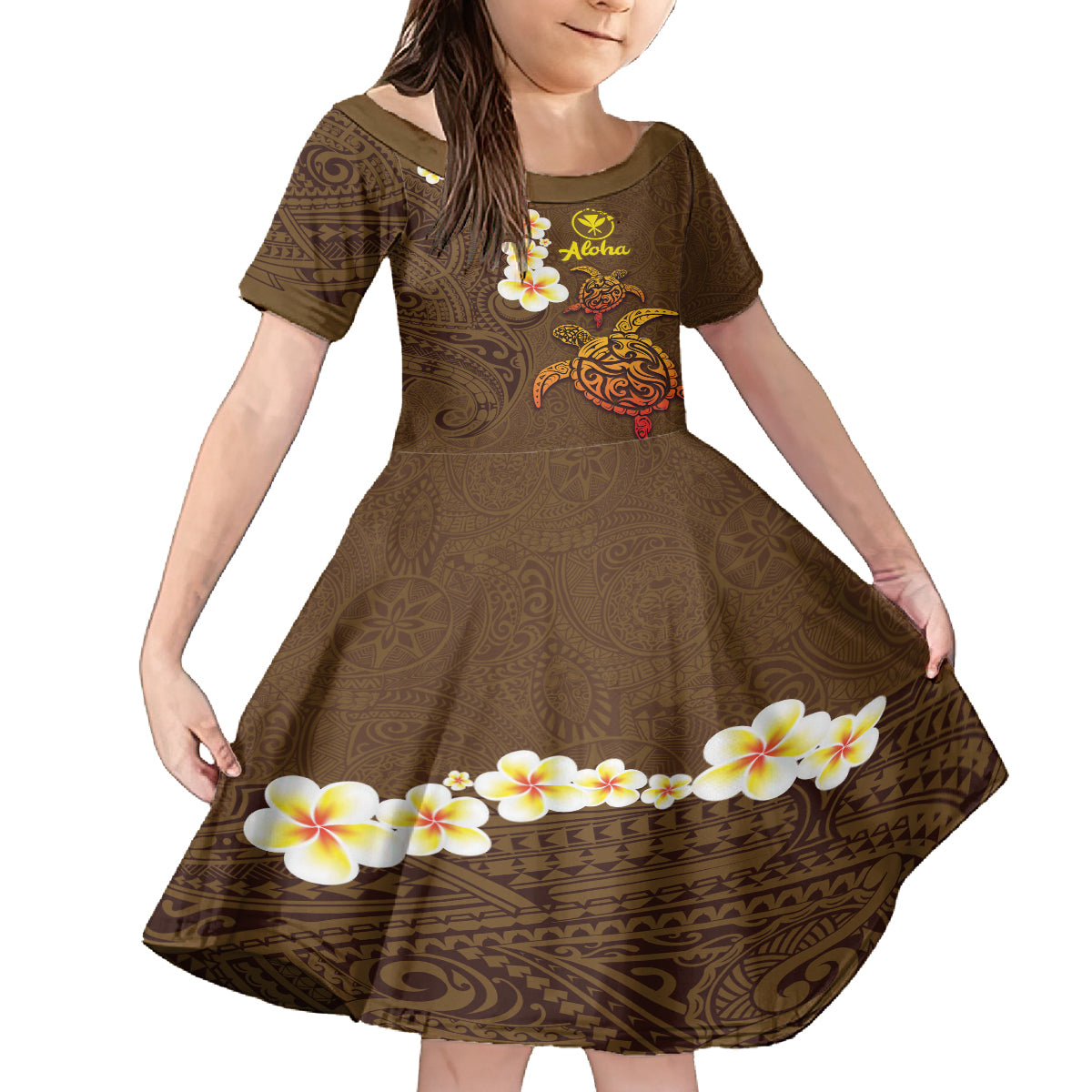 Hawaii Turtle Plumeria Flower Family Matching Puletasi and Hawaiian Shirt Polynesian Pattern Brown Color LT03 Daughter's Dress Brown - Polynesian Pride