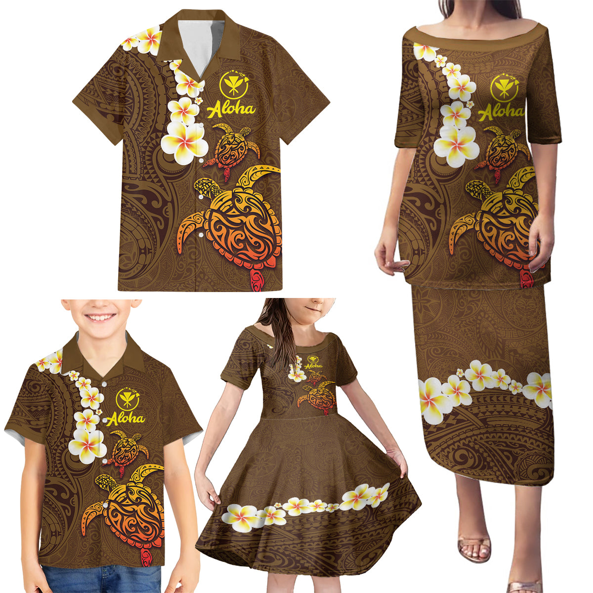 Hawaii Turtle Plumeria Flower Family Matching Puletasi and Hawaiian Shirt Polynesian Pattern Brown Color LT03 - Polynesian Pride