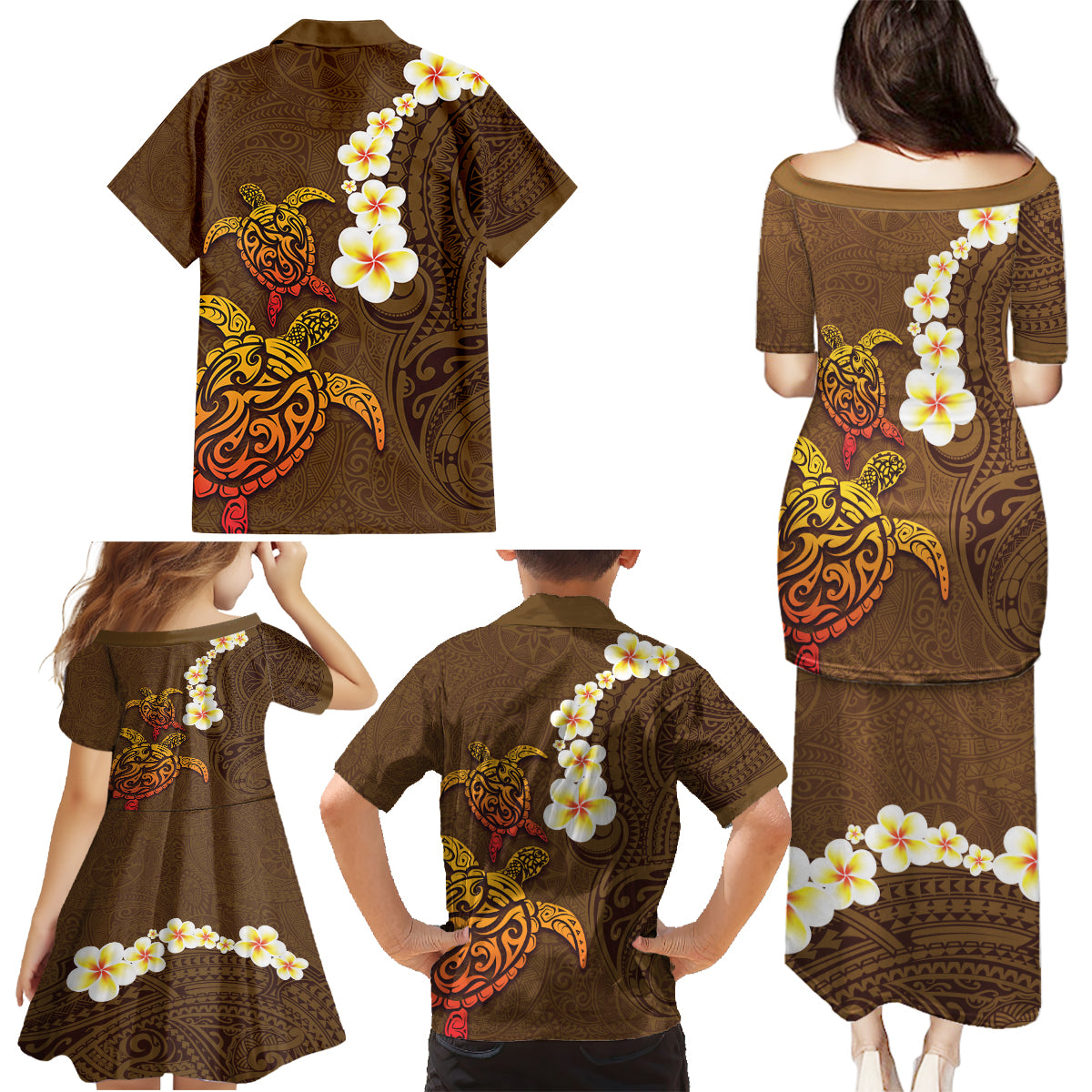 Hawaii Turtle Plumeria Flower Family Matching Puletasi and Hawaiian Shirt Polynesian Pattern Brown Color LT03 - Polynesian Pride