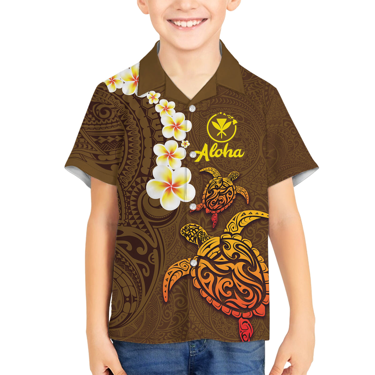 Hawaii Turtle Plumeria Flower Family Matching Puletasi and Hawaiian Shirt Polynesian Pattern Brown Color LT03 Son's Shirt Brown - Polynesian Pride