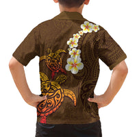 Hawaii Turtle Plumeria Flower Family Matching Short Sleeve Bodycon Dress and Hawaiian Shirt Polynesian Pattern Brown Color LT03 - Polynesian Pride
