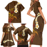 Hawaii Turtle Plumeria Flower Family Matching Short Sleeve Bodycon Dress and Hawaiian Shirt Polynesian Pattern Brown Color LT03 - Polynesian Pride