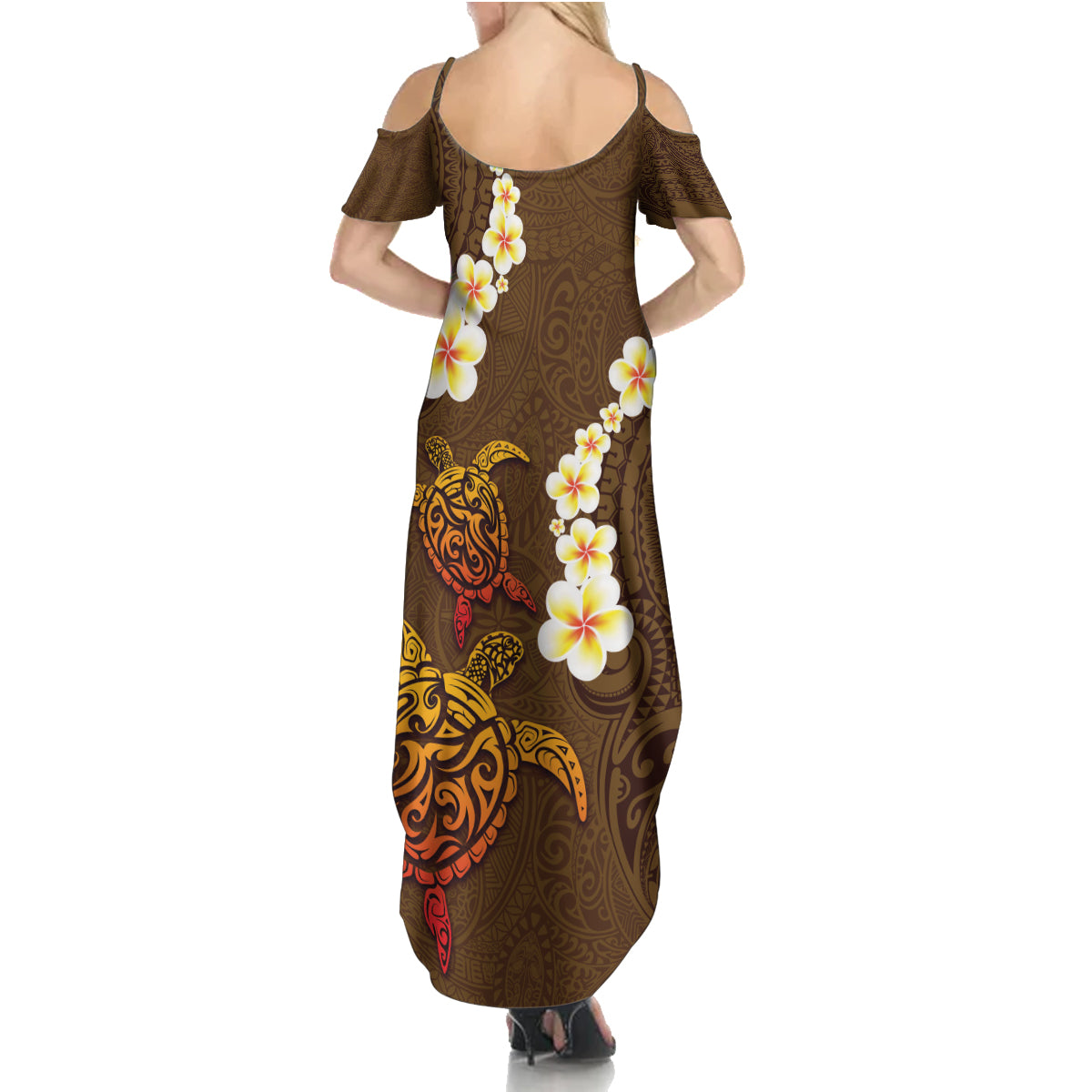 Hawaii Turtle Plumeria Flower Family Matching Summer Maxi Dress and Hawaiian Shirt Polynesian Pattern Brown Color LT03 - Polynesian Pride