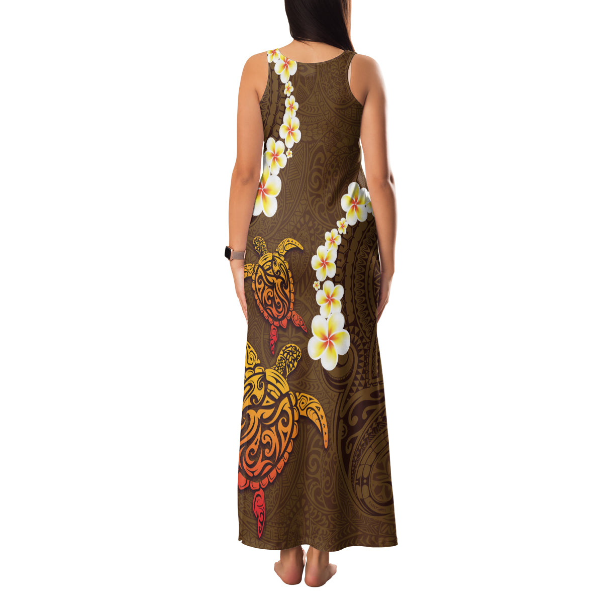 Hawaii Turtle Plumeria Flower Family Matching Tank Maxi Dress and Hawaiian Shirt Polynesian Pattern Brown Color LT03 - Polynesian Pride