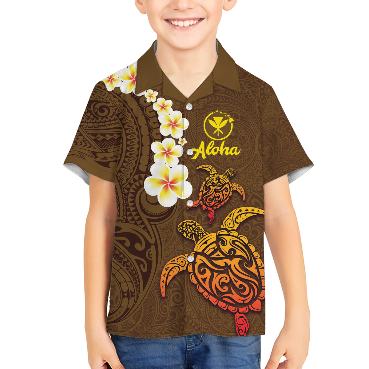 Hawaii Turtle Plumeria Flower Kid Hawaiian Shirt Polynesian Pattern Brown Color