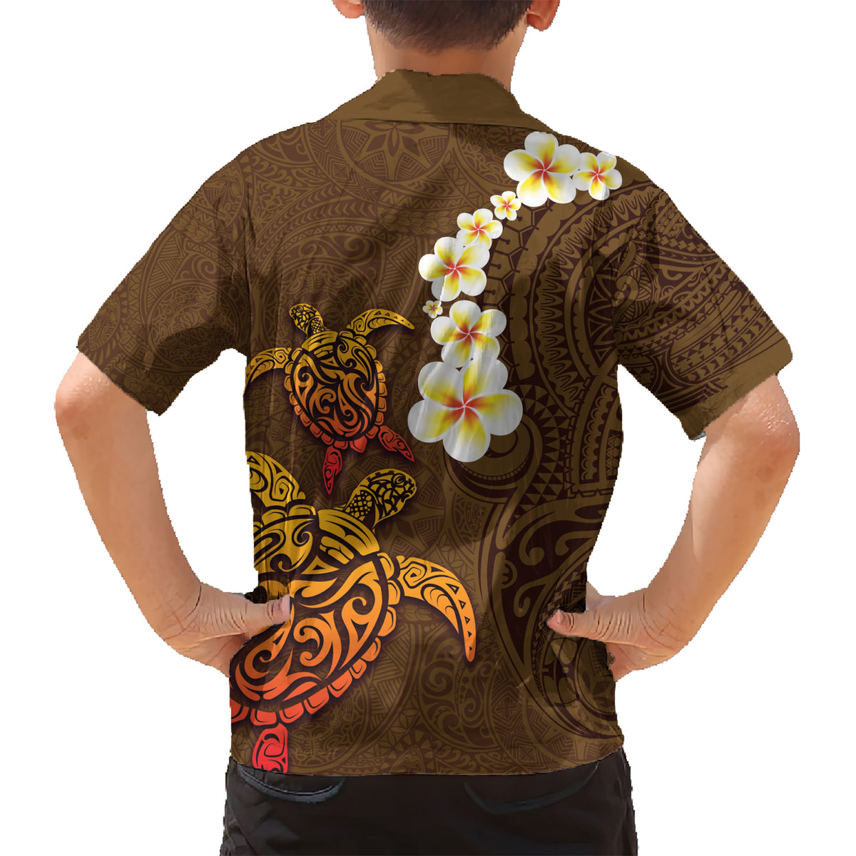 Hawaii Turtle Plumeria Flower Kid Hawaiian Shirt Polynesian Pattern Brown Color