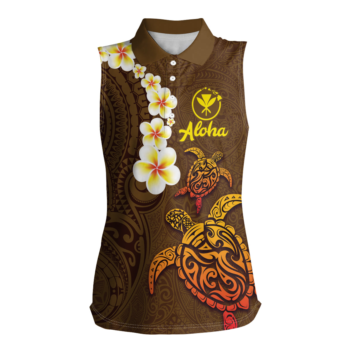 Hawaii Turtle Plumeria Flower Women Sleeveless Polo Shirt Polynesian Pattern Brown Color LT03 Female Brown - Polynesian Pride