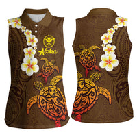 Hawaii Turtle Plumeria Flower Women Sleeveless Polo Shirt Polynesian Pattern Brown Color LT03 - Polynesian Pride