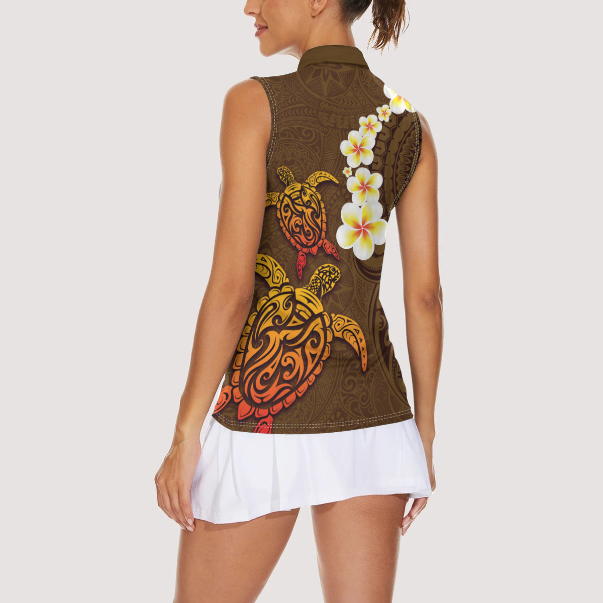 Hawaii Turtle Plumeria Flower Women Sleeveless Polo Shirt Polynesian Pattern Brown Color LT03 - Polynesian Pride