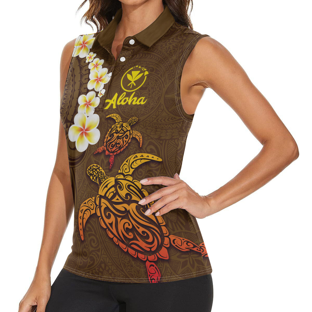 Hawaii Turtle Plumeria Flower Women Sleeveless Polo Shirt Polynesian Pattern Brown Color LT03 - Polynesian Pride