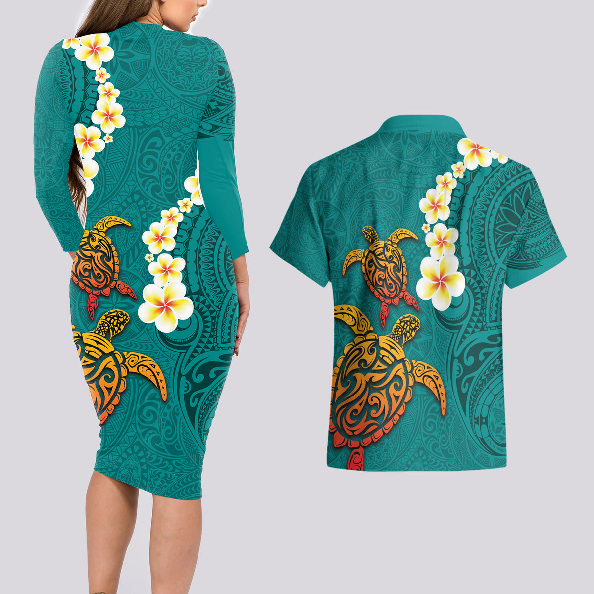 Hawaii Turtle Plumeria Flower Couples Matching Long Sleeve Bodycon Dress and Hawaiian Shirt Polynesian Pattern Turquoise Color LT03 - Polynesian Pride