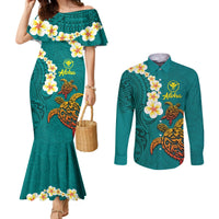 Hawaii Turtle Plumeria Flower Couples Matching Mermaid Dress and Long Sleeve Button Shirt Polynesian Pattern Turquoise Color