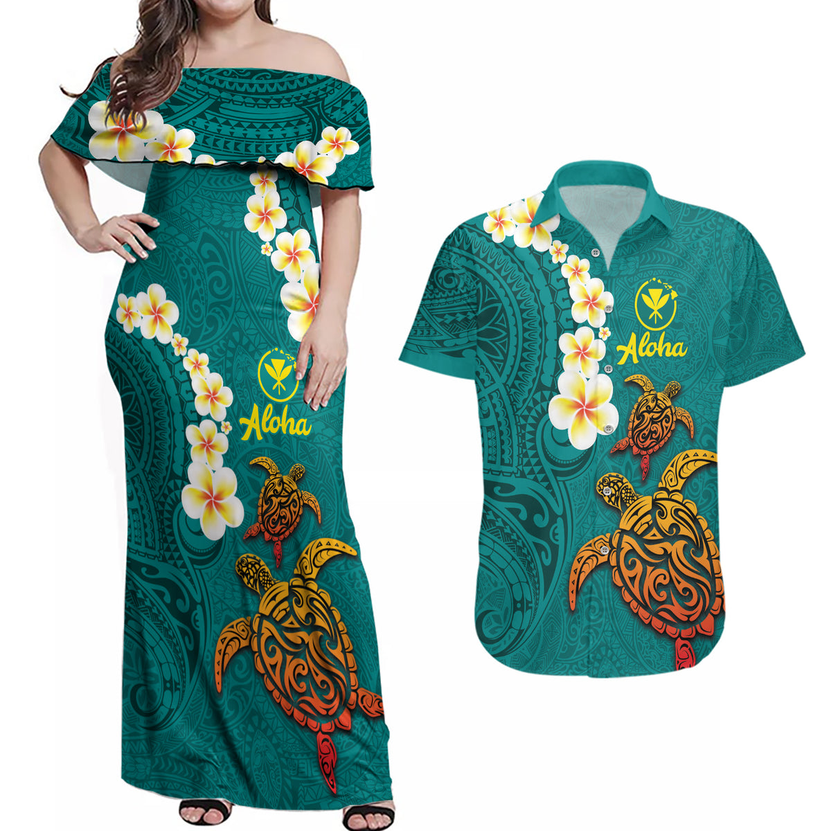 Hawaii Turtle Plumeria Flower Couples Matching Off Shoulder Maxi Dress and Hawaiian Shirt Polynesian Pattern Turquoise Color LT03 Turquoise - Polynesian Pride