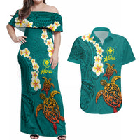 Hawaii Turtle Plumeria Flower Couples Matching Off Shoulder Maxi Dress and Hawaiian Shirt Polynesian Pattern Turquoise Color LT03 Turquoise - Polynesian Pride