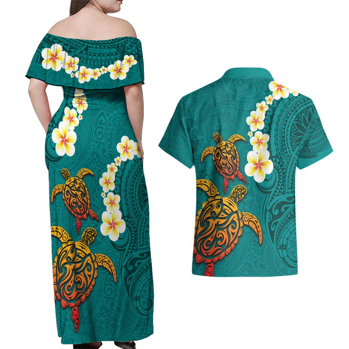 Hawaii Turtle Plumeria Flower Couples Matching Off Shoulder Maxi Dress and Hawaiian Shirt Polynesian Pattern Turquoise Color LT03 - Polynesian Pride